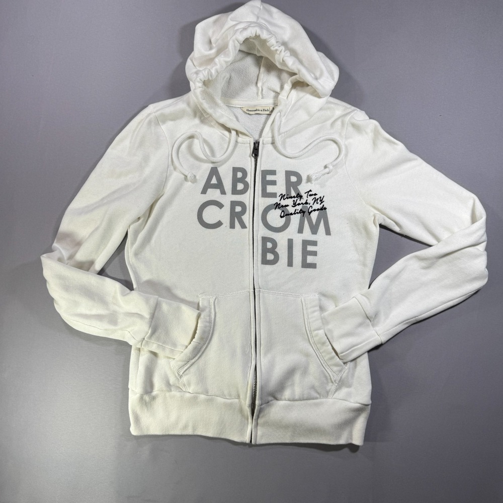 Abercrombie & Fitch Womens Small White Full Zip Hoodie Graphic Logo Sweatshirt
